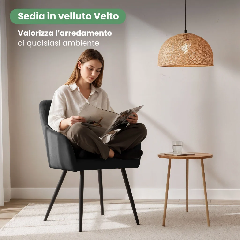 Set di 2 Sedie in velluto con cuciture a rombi VELTO Nero gambe nere - Image 8