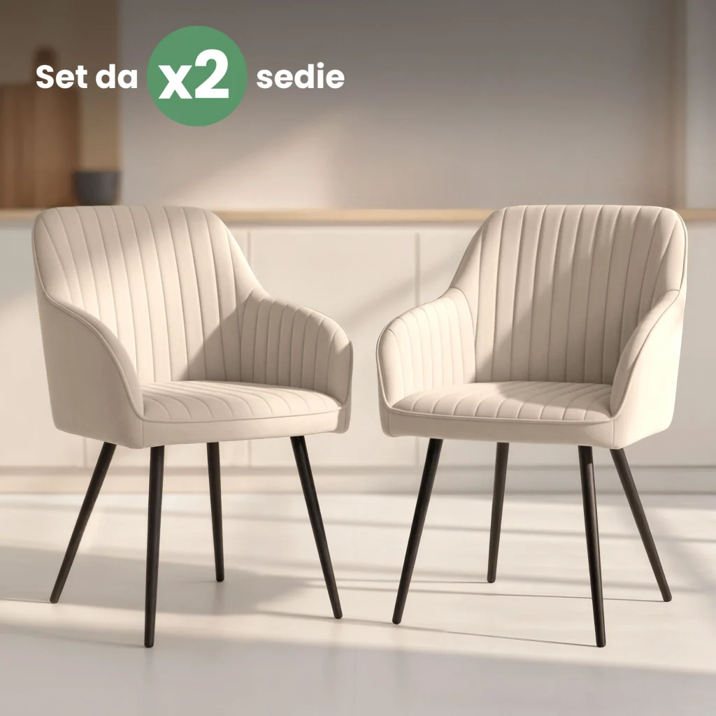 Set di 2 Sedie in velluto con cuciture verticali FLORENCE Beige gambe nere - Image 10