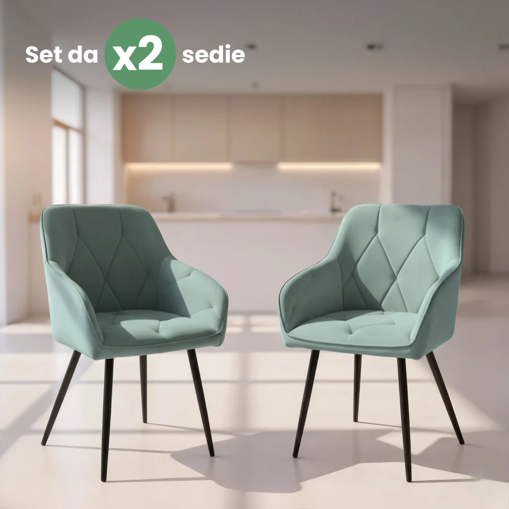 Set di 2 Sedie in velluto trapuntato DIAMANTE Turchese gambe nere - Image 10