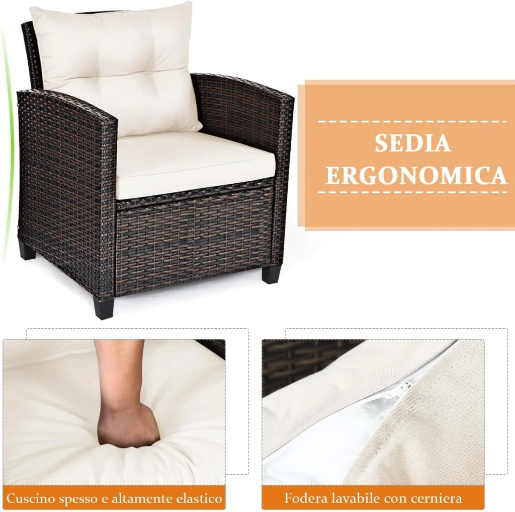 Set di 3 Pezzi di Mobili da Giardino, 1 Tavolo con Piano in Vetro Temprato e 2 Poltrone da Salotto, 4 Cuscini Rimovibili, per Giardino Piscina e Prato (Bianco) - Image 3