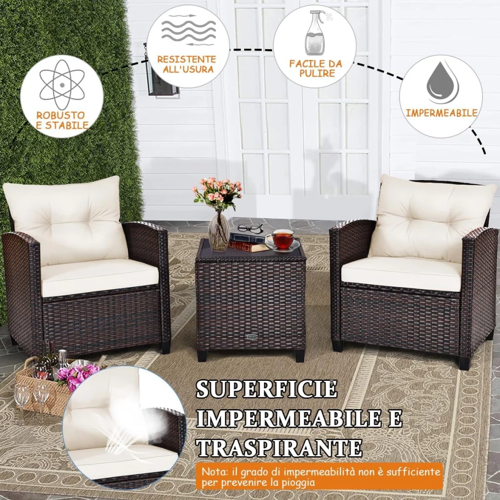 Set di 3 Pezzi di Mobili da Giardino, 1 Tavolo con Piano in Vetro Temprato e 2 Poltrone da Salotto, 4 Cuscini Rimovibili, per Giardino Piscina e Prato (Bianco) - Image 5