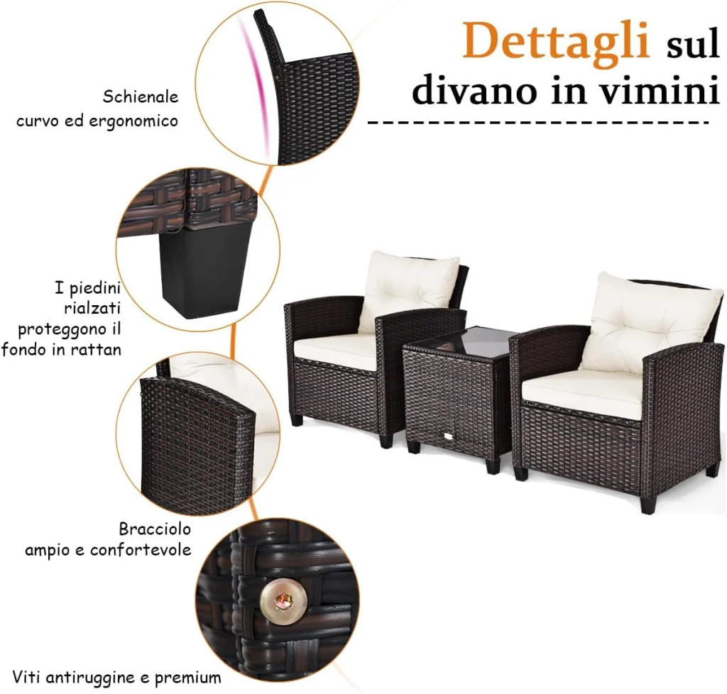 Set di 3 Pezzi di Mobili da Giardino, 1 Tavolo con Piano in Vetro Temprato e 2 Poltrone da Salotto, 4 Cuscini Rimovibili, per Giardino Piscina e Prato (Bianco) - Image 6