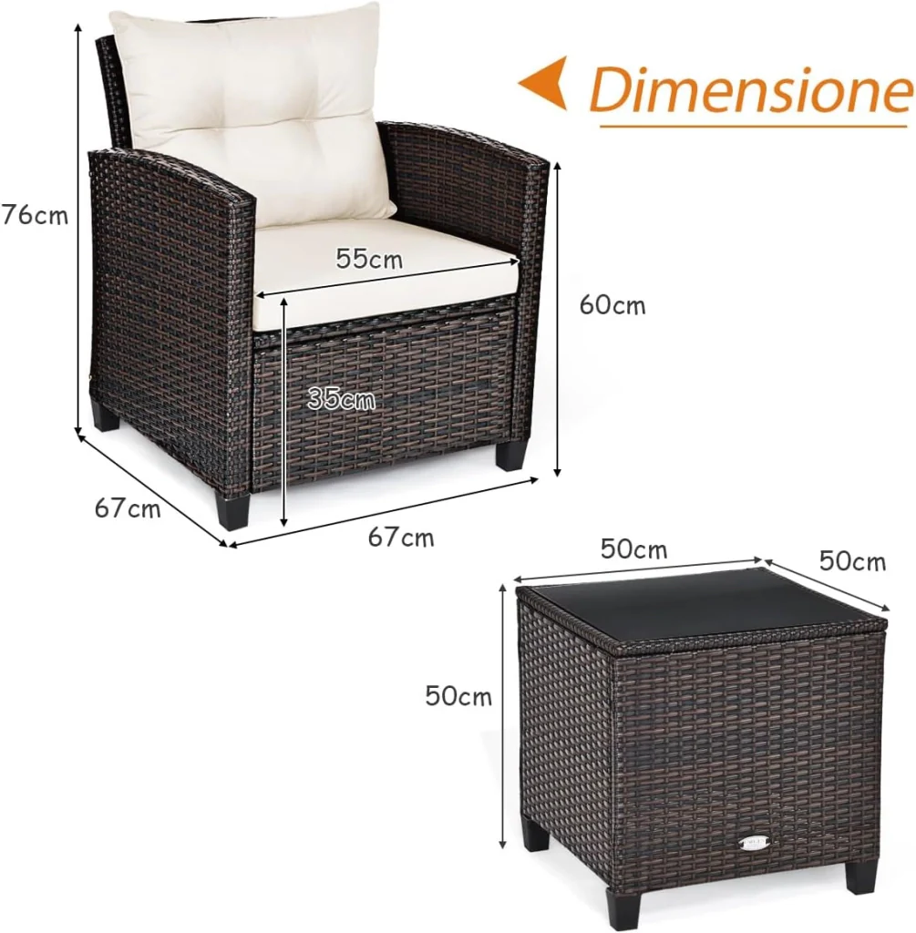 Set di 3 Pezzi di Mobili da Giardino, 1 Tavolo con Piano in Vetro Temprato e 2 Poltrone da Salotto, 4 Cuscini Rimovibili, per Giardino Piscina e Prato (Bianco) - Image 7