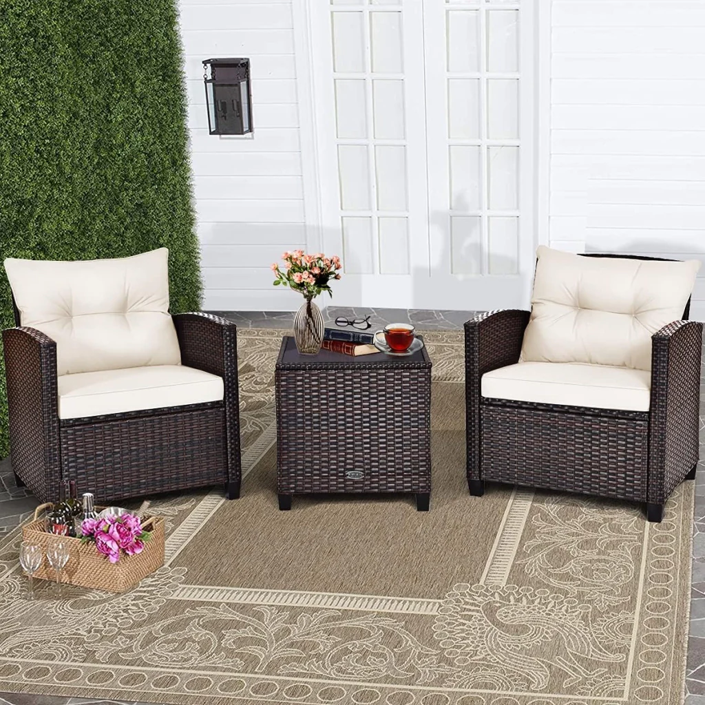 Set di 3 Pezzi di Mobili da Giardino, 1 Tavolo con Piano in Vetro Temprato e 2 Poltrone da Salotto, 4 Cuscini Rimovibili, per Giardino Piscina e Prato (Bianco) - Image 9