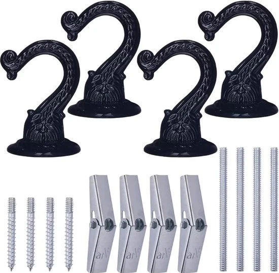 Set di 4 chiodi per soffitto - Chiodi per soffitto a coda di rondine - Chiodi per soffitto a pendente - Chiodi per soffitto pesanti per piante - Con viti, bulloni e pannelli di caduta - Installazione per foro nel muro - Nero.