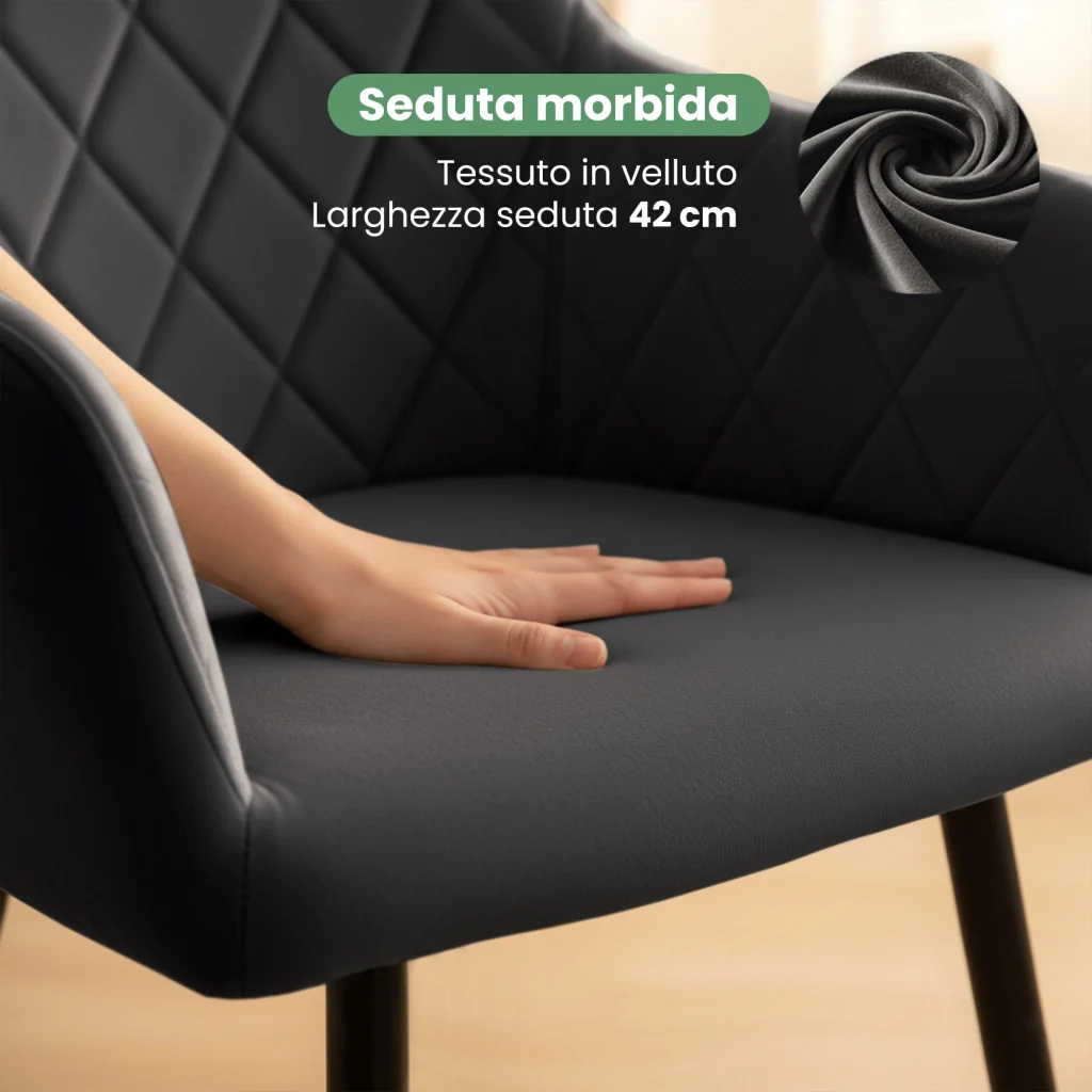 Set di 4 Sedie in velluto con cuciture a rombi VELTO Nero gambe nere - Image 7