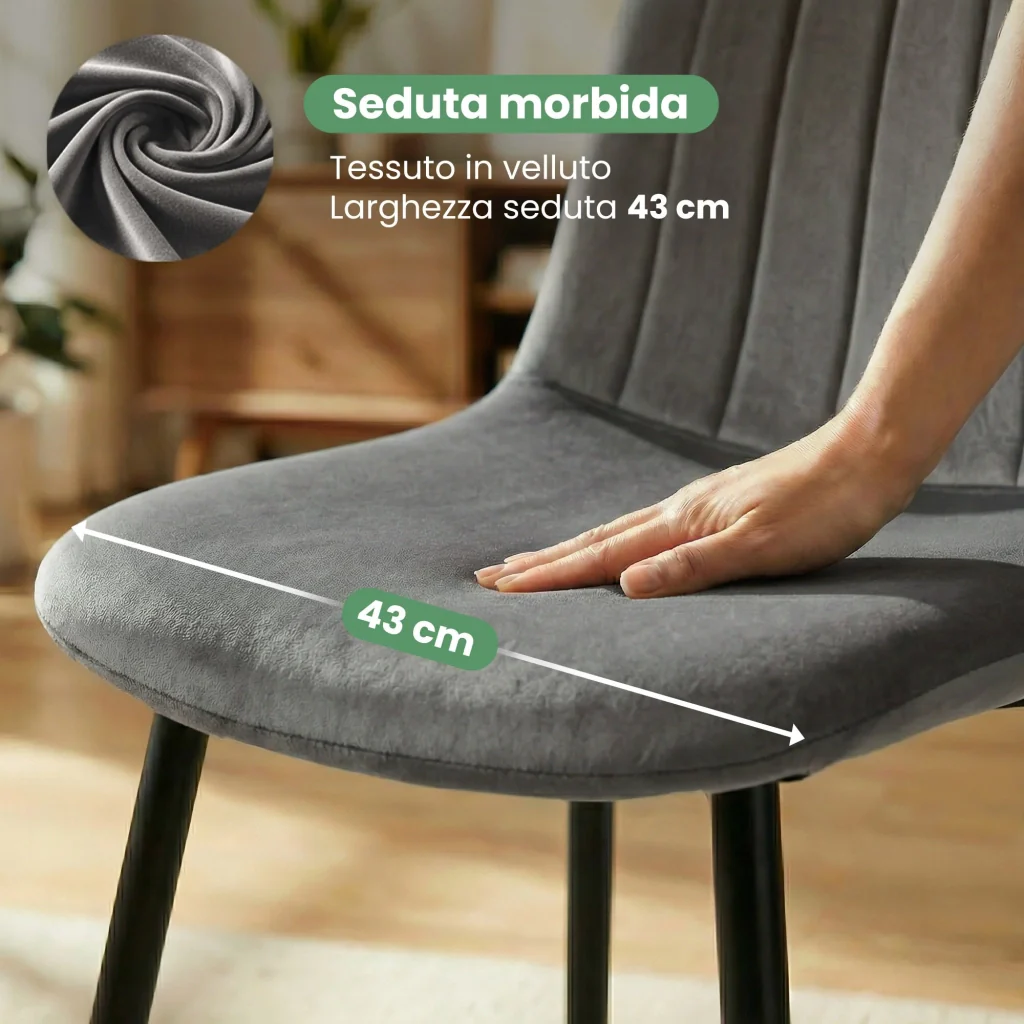 Set di 4 Sedie in velluto trapuntate LUMO Grafite Scuro gambe nere - Image 8