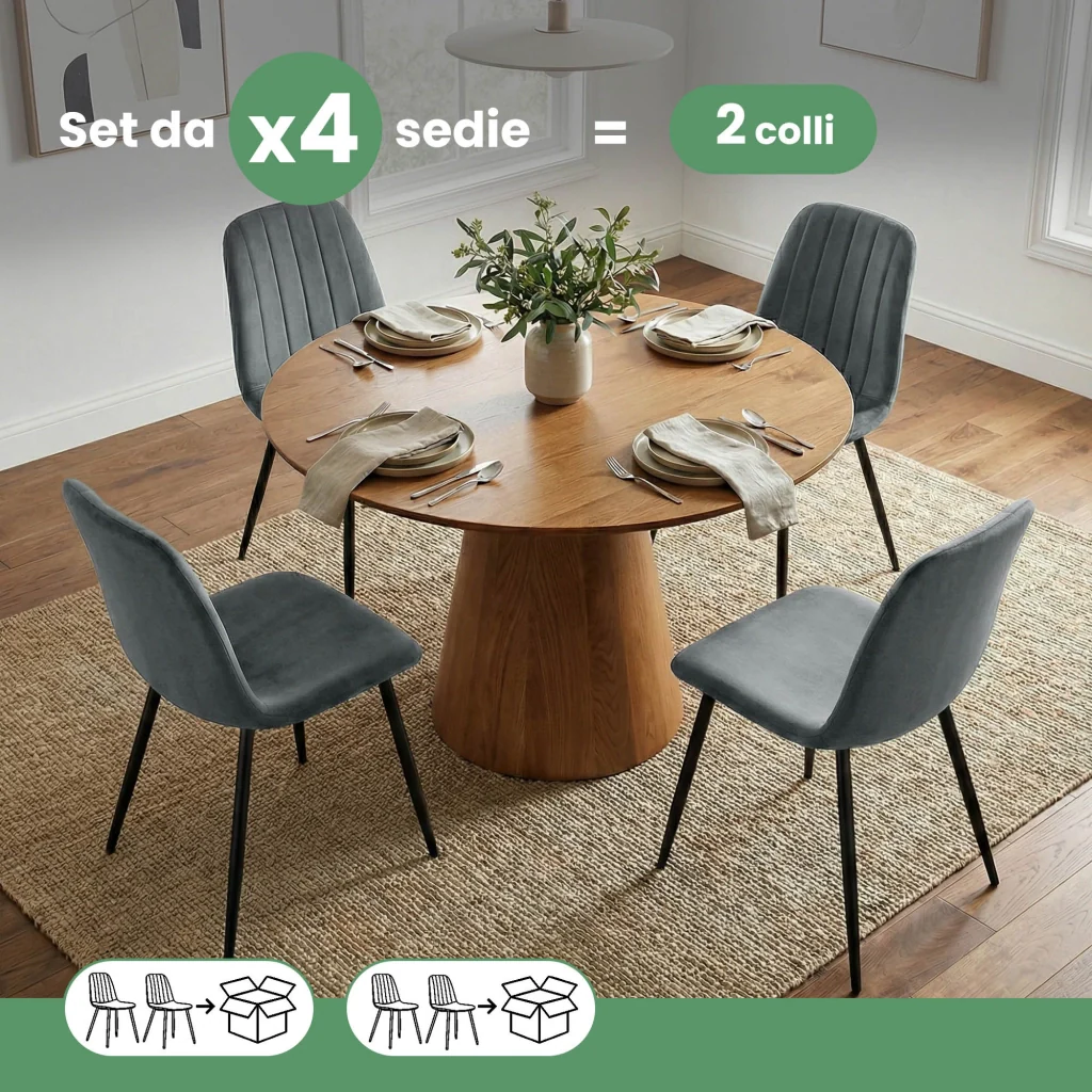 Set di 4 Sedie in velluto trapuntate LUMO Grafite Scuro gambe nere - Image 9