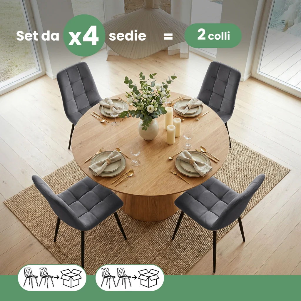 Set di 4 Sedie in velluto trapuntate NERO Grafite Scuro gambe nere - Image 9