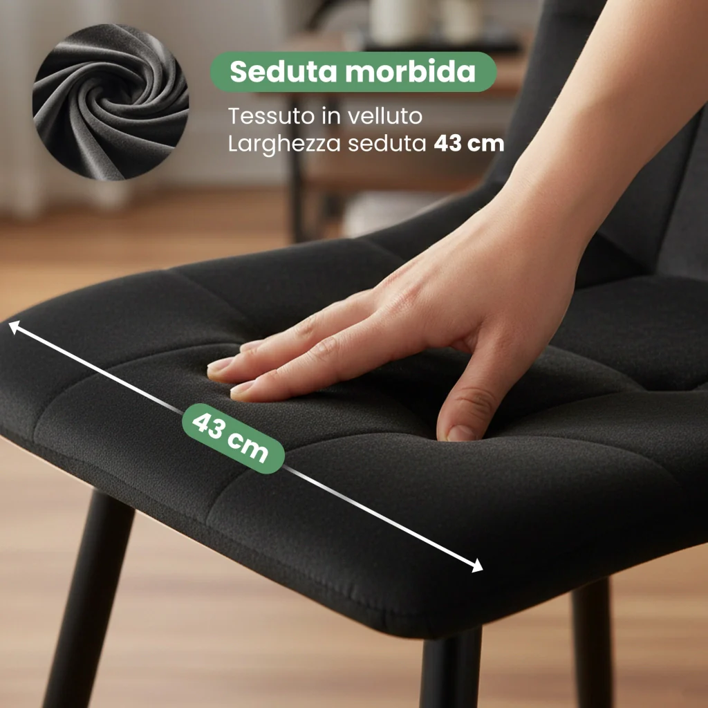 Set di 4 Sedie in velluto trapuntate NERO Nero gambe nere - Image 8