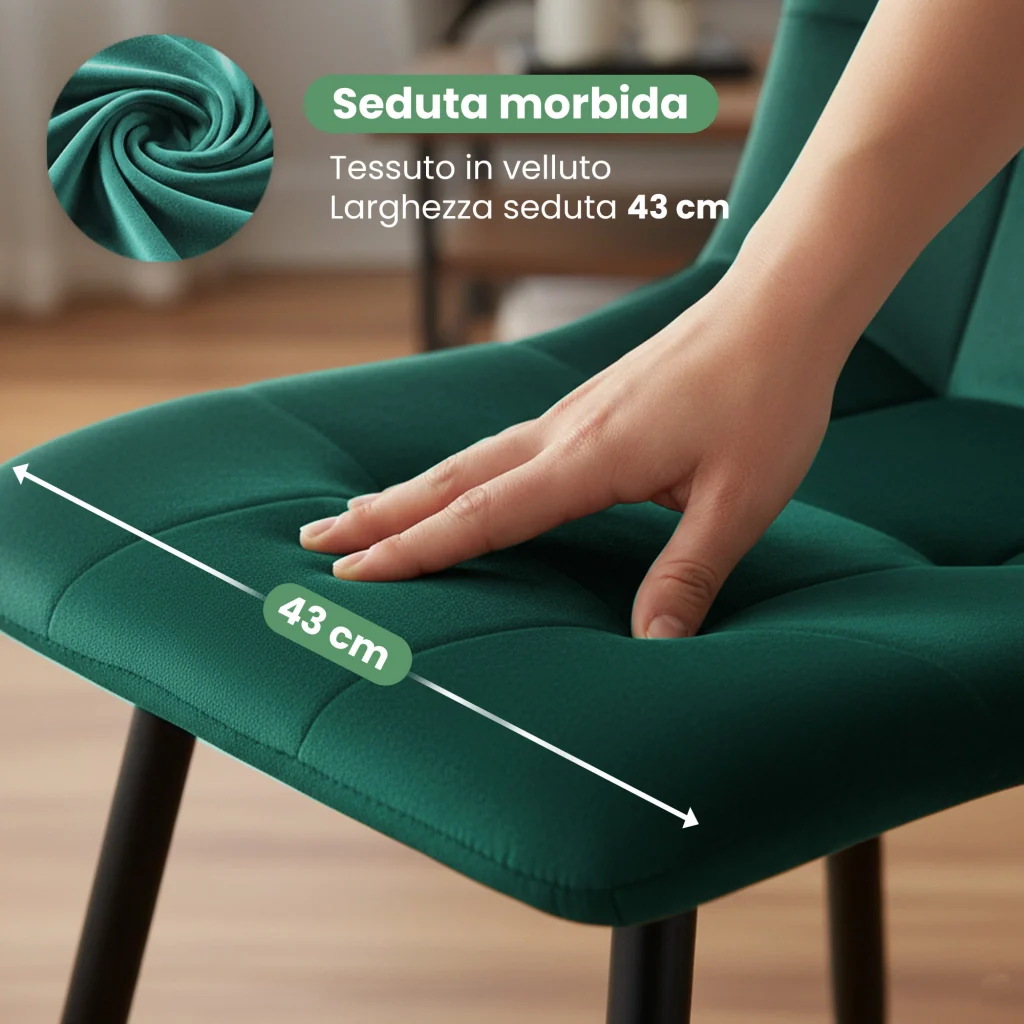 Set di 4 Sedie in velluto trapuntate NERO Verde Bottiglia gambe nere - Image 8