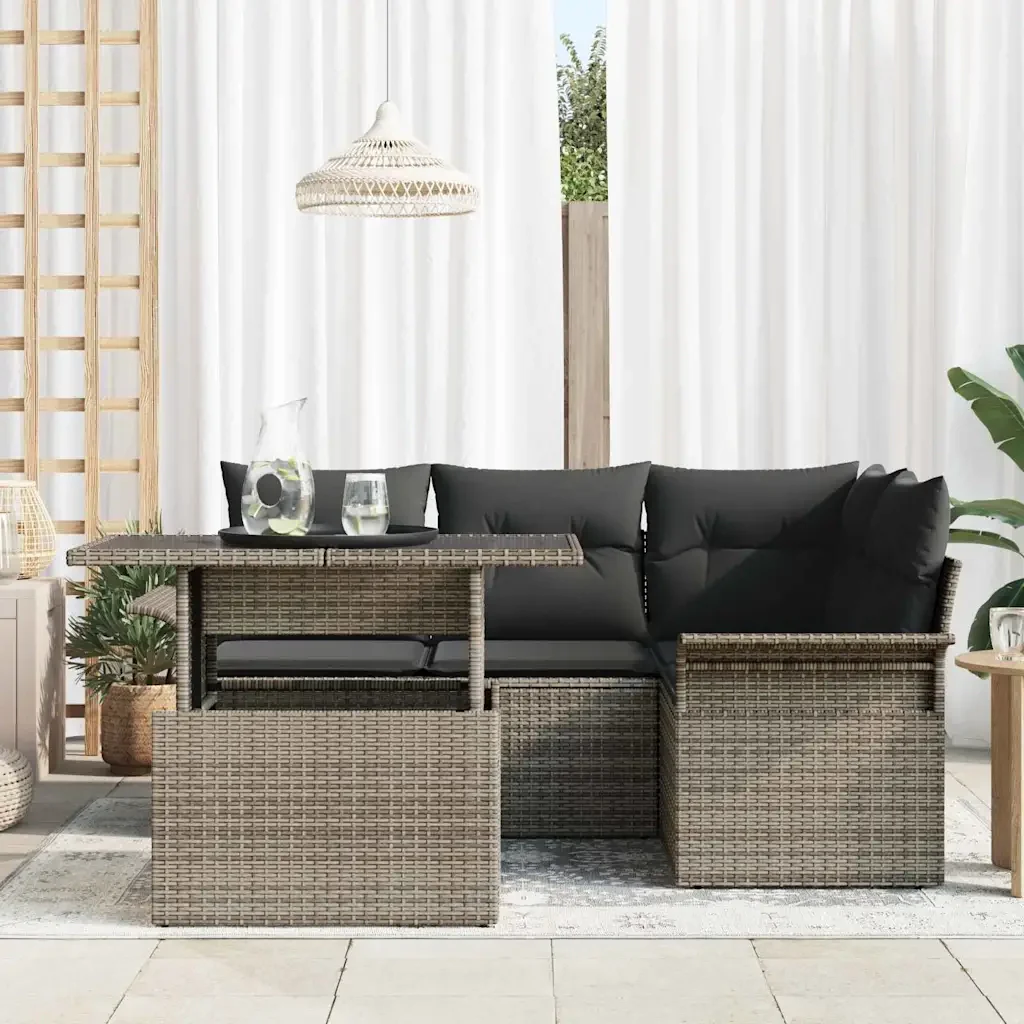 Set Divano da Giardino con cuscino 5 pcs Grigio Poly Rattan 3348275 - Image 3