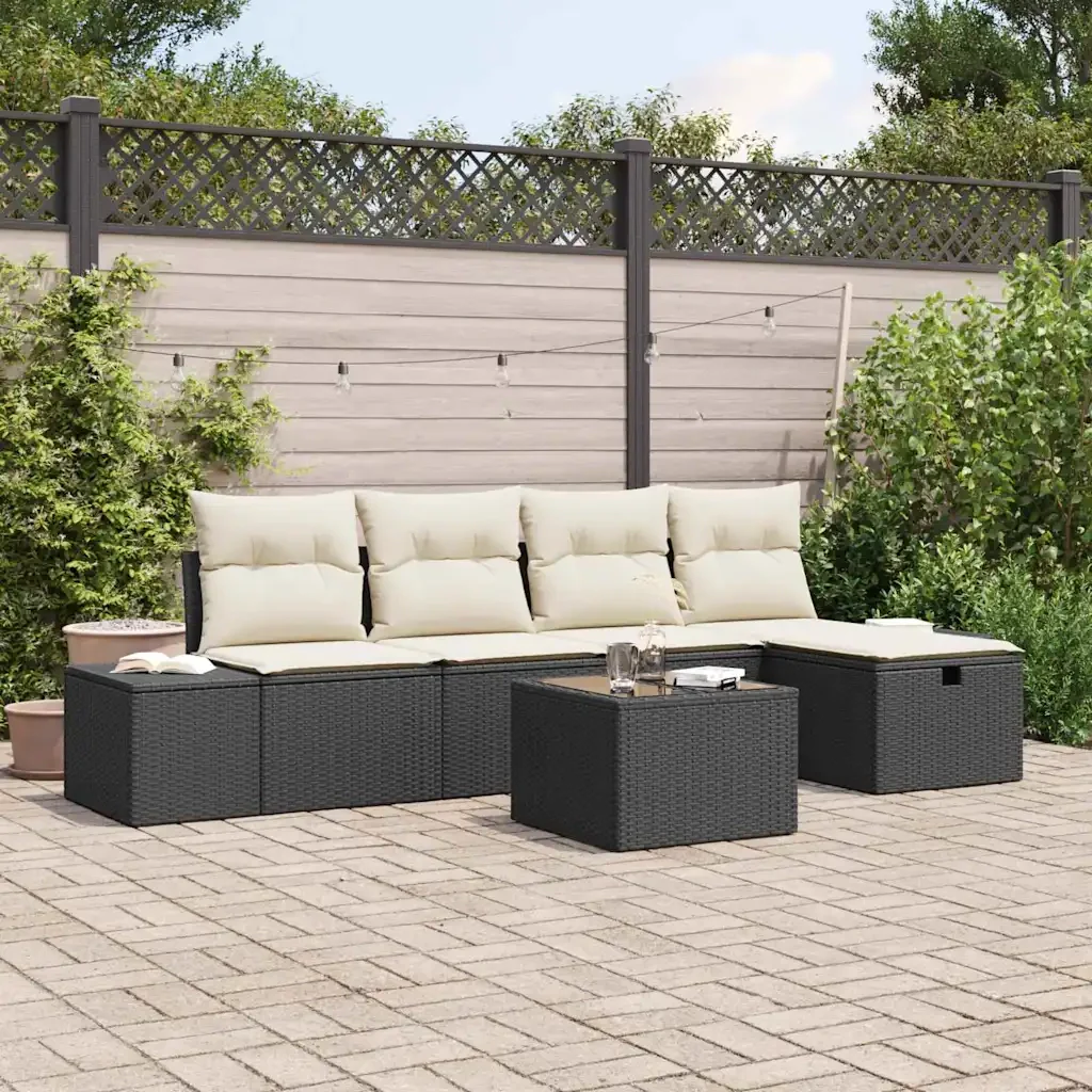 Set Divano da Giardino con cuscino 6 pcs Nero polyrattan 3359366