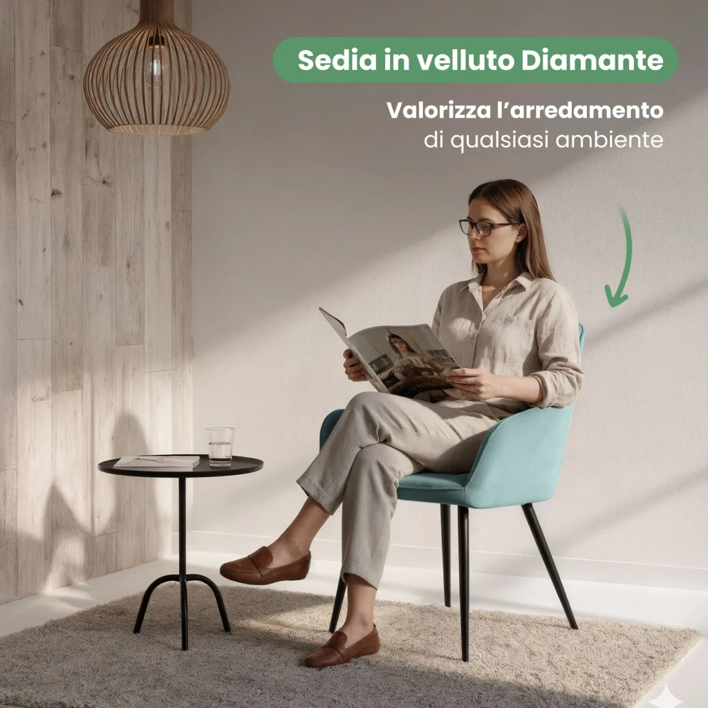 Set di 6 Sedie in velluto trapuntato DIAMANTE Turchese gambe nere - Image 8