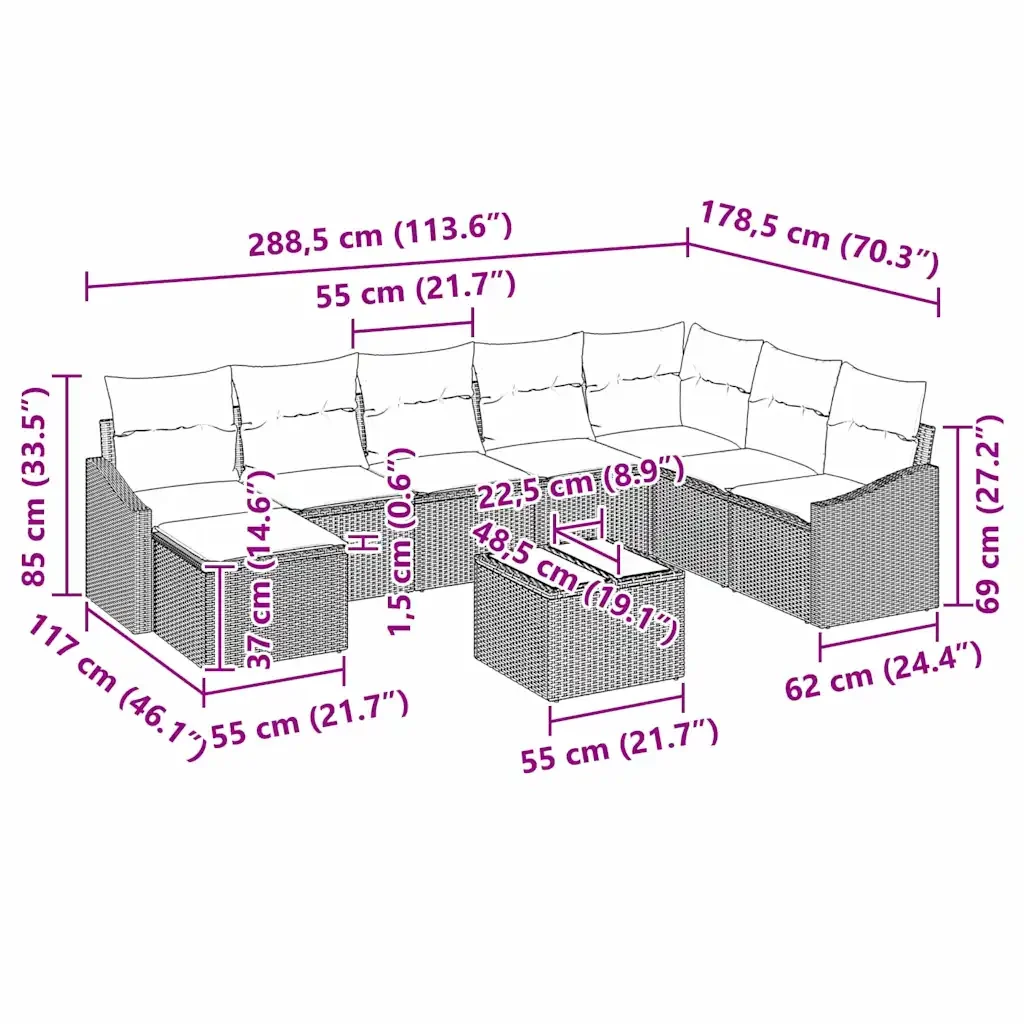 Set di divani con cuscino 9 pcs Grigio polyrattan 3346849 - Image 10