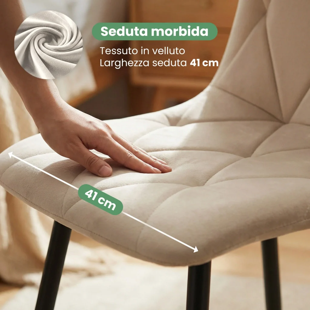 Set di 8 Sedie in velluto trapuntate MILO Beige gambe nere - Image 8