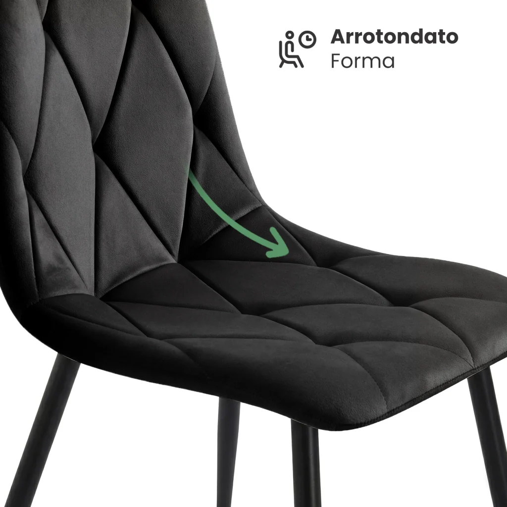 Set di 8 Sedie in velluto trapuntate MILO Nero gambe nere - Image 6