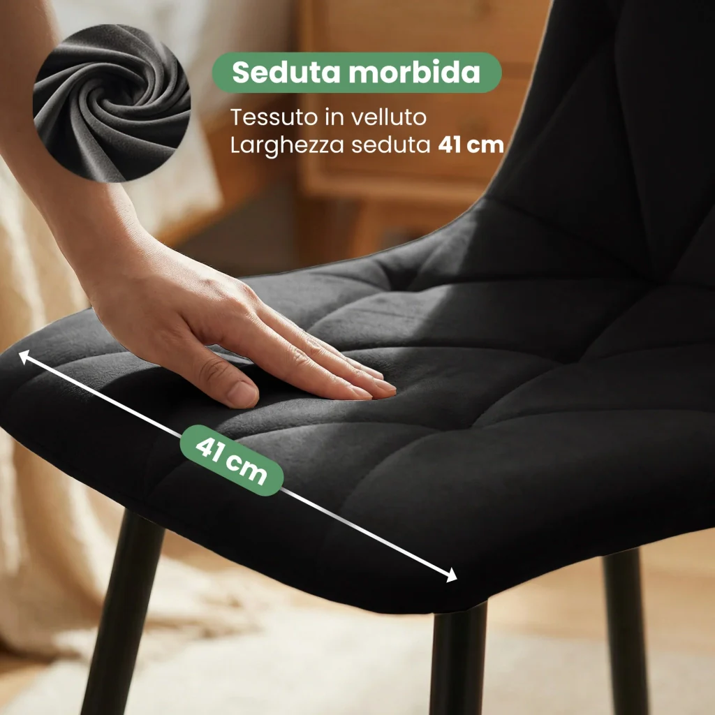 Set di 8 Sedie in velluto trapuntate MILO Nero gambe nere - Image 8