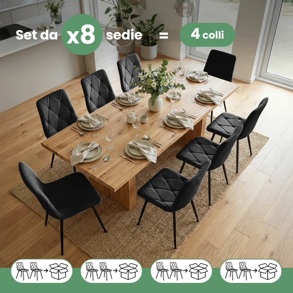 Set di 8 Sedie in velluto trapuntate MILO Nero gambe nere - Image 9