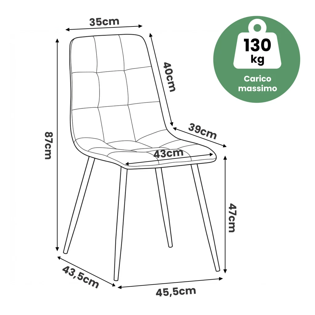 Set di 8 Sedie in velluto trapuntate NERO Verde Bottiglia gambe nere - Image 3
