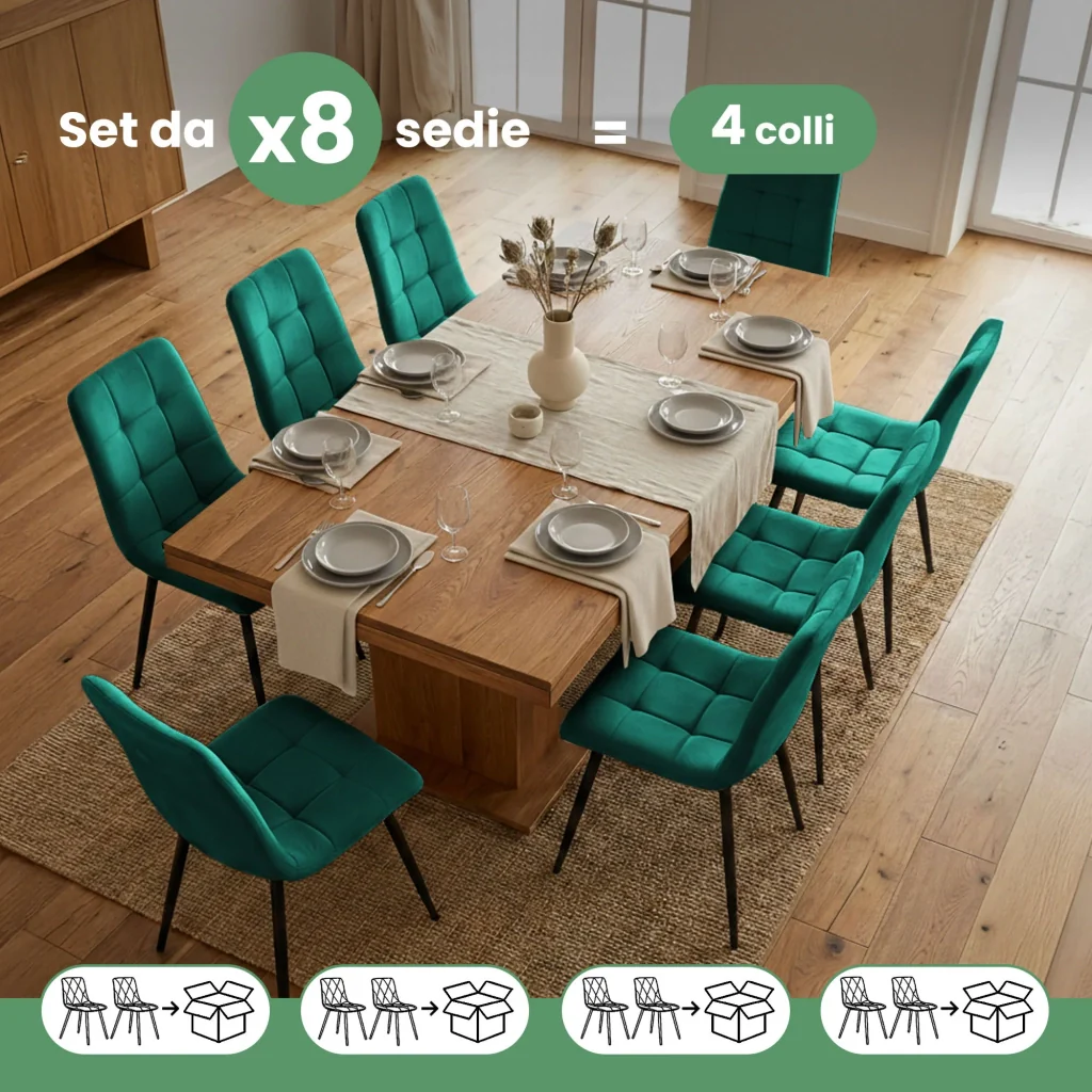 Set di 8 Sedie in velluto trapuntate NERO Verde Bottiglia gambe nere - Image 9