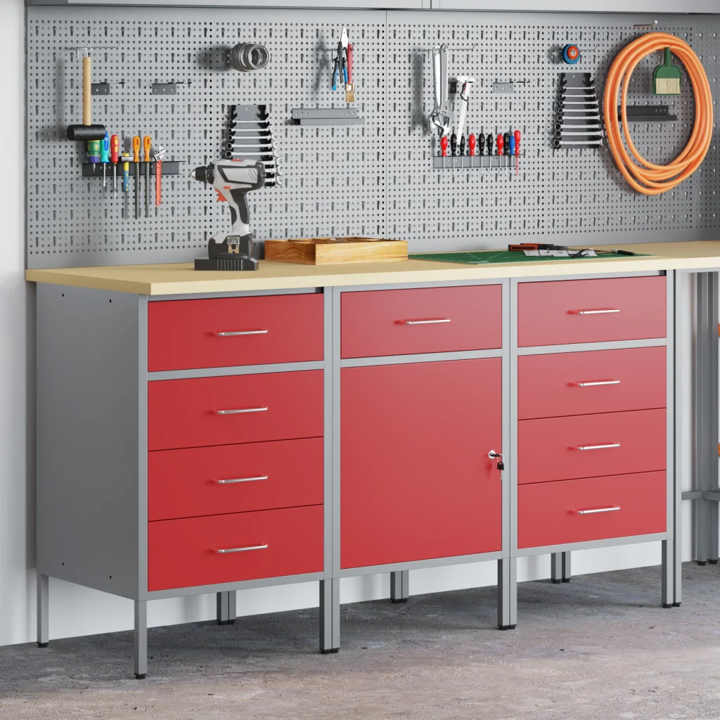 Set di armadietti da lavoro 3 pezzi rosso e grigio in legno ingegnerizzato e acciaio - Image 4