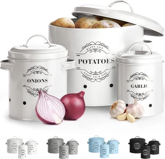 Set di contenitori di stoccaggio ventilati per patate, cipolle e aglio, set da 3, combinazione perfetta di design di moda (con o2)