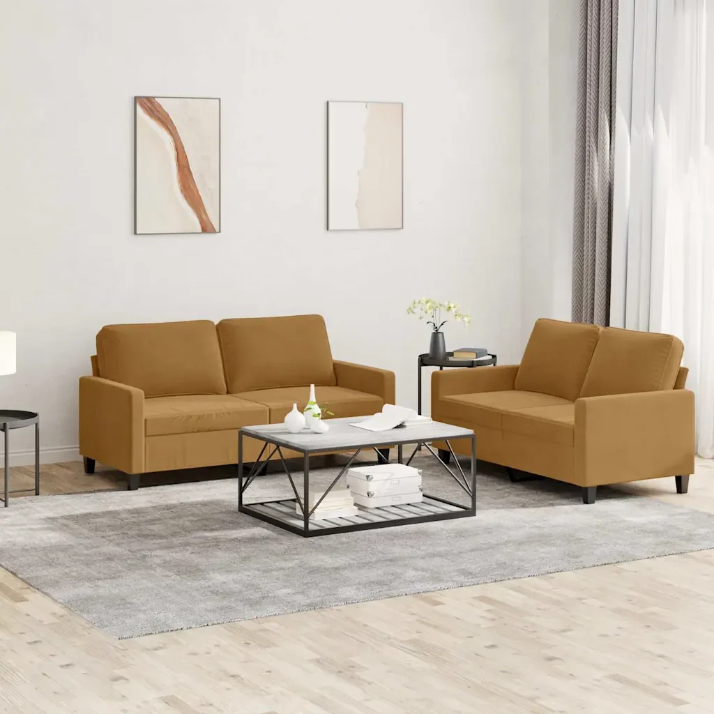 Set di Divani 2 pz con Cuscini Marrone in Velluto