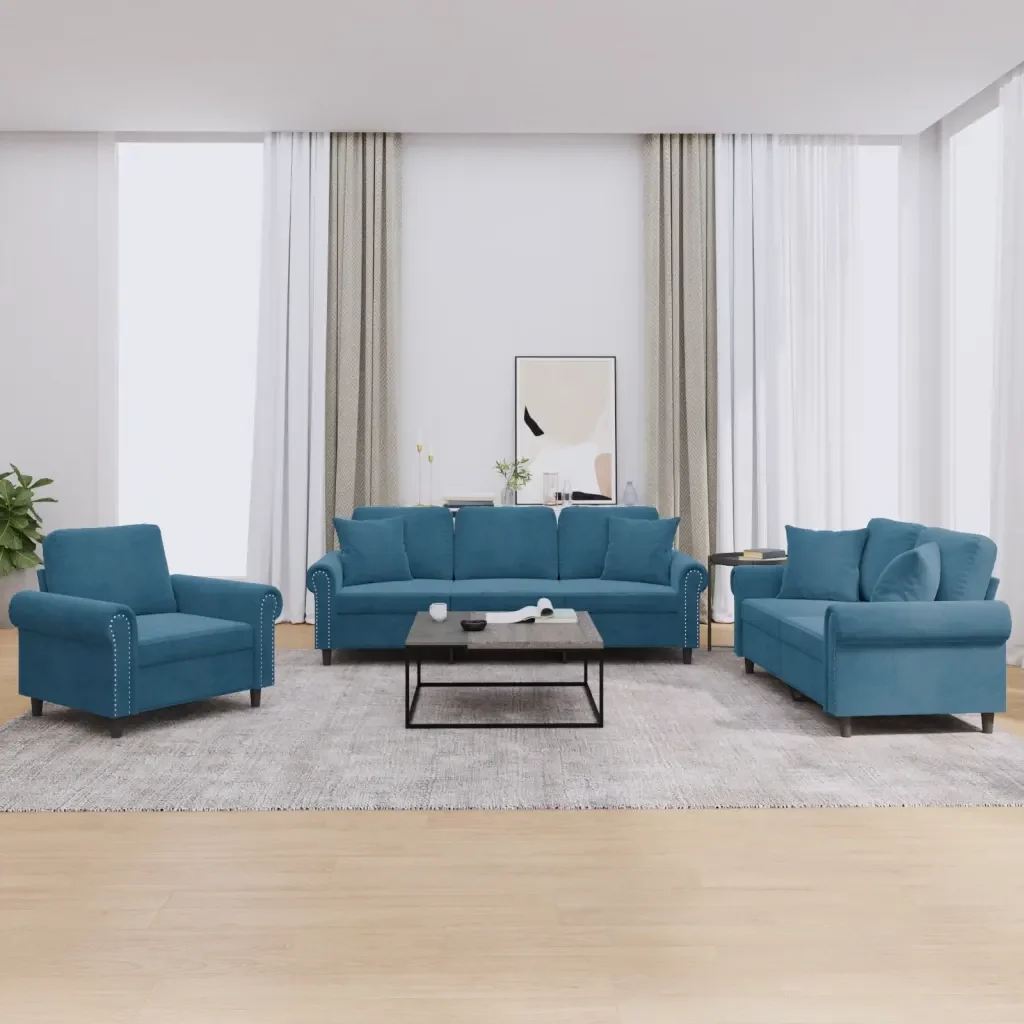 Set di Divani 3 pz con Cuscini Blu in Velluto 3202199