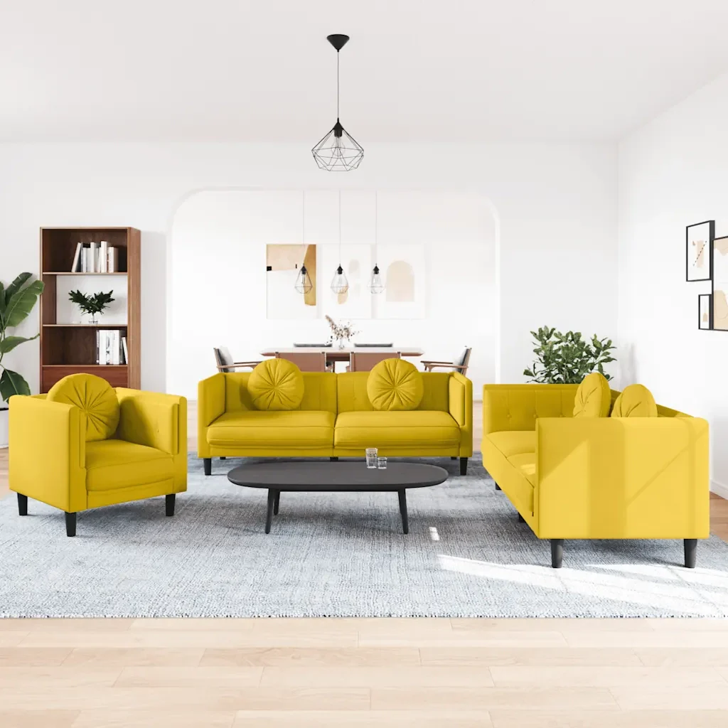 Set di Divani 3 pz con Cuscini Giallo in Velluto