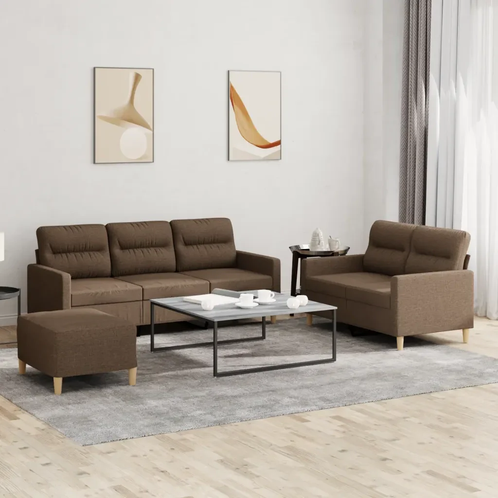 Set di Divani 3 pz con Cuscini Marrone in Tessuto