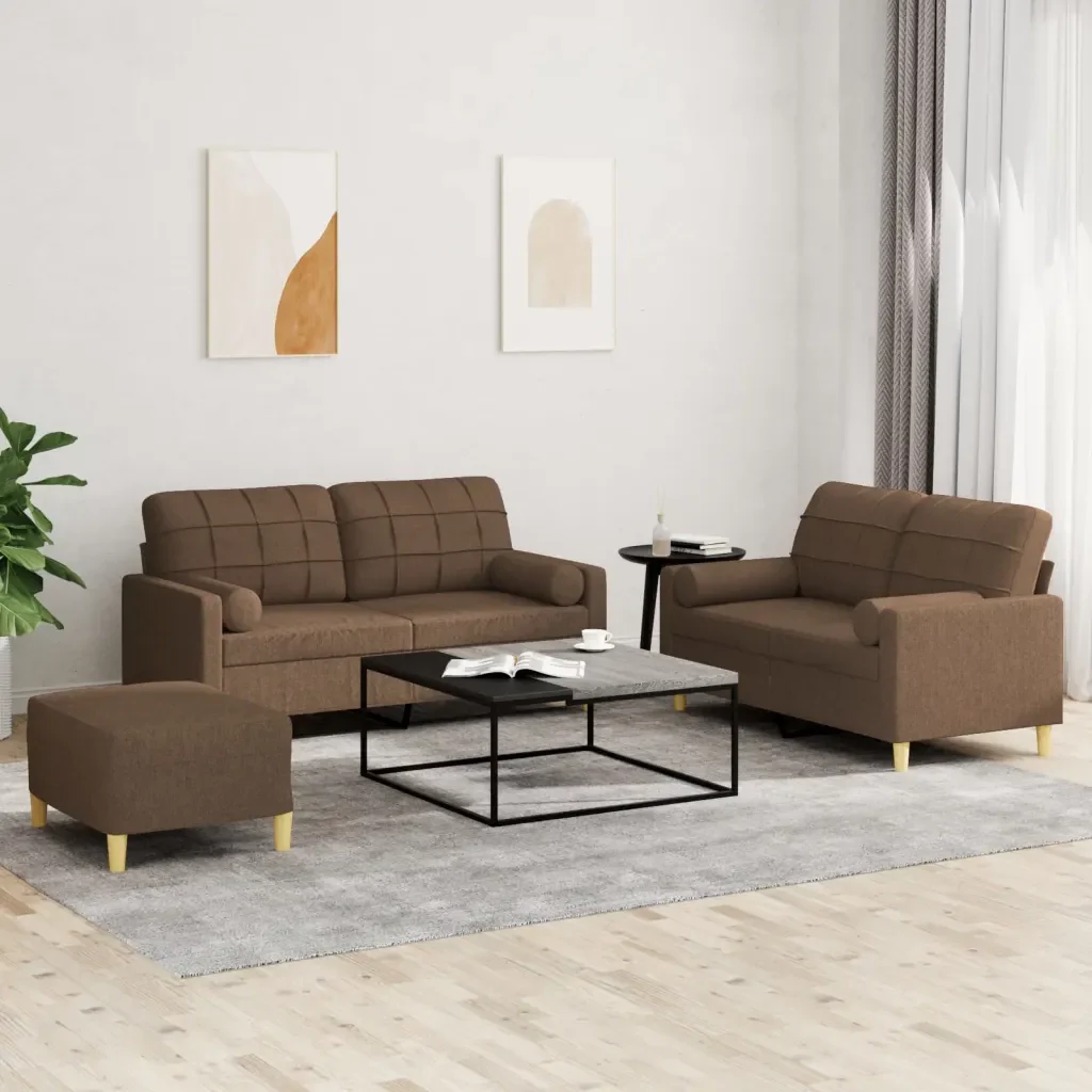 Set di Divani 3 pz con Cuscini Marrone in Tessuto