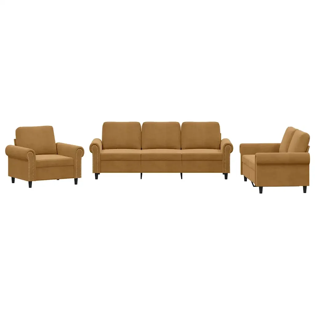 Set di Divani 3 pz con Cuscini Marrone in Velluto - Image 2