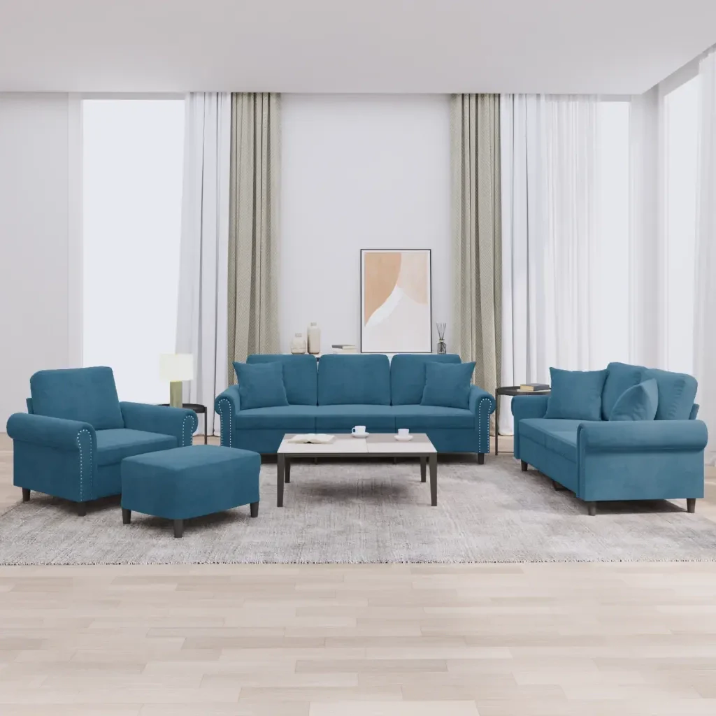 Set di Divani 4 pz con Cuscini Blu in Velluto 3202209