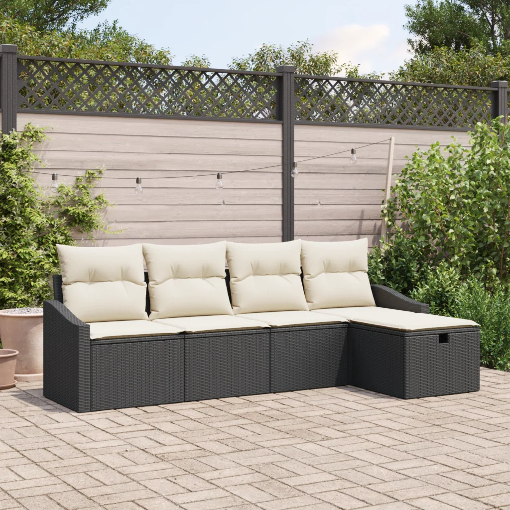Set di divani da giardino 5 pezzi con cuscini Nero Polyrattan