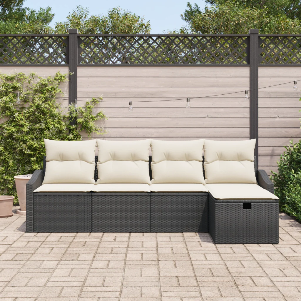 Set di divani da giardino 5 pezzi con cuscini Nero Polyrattan - Image 3