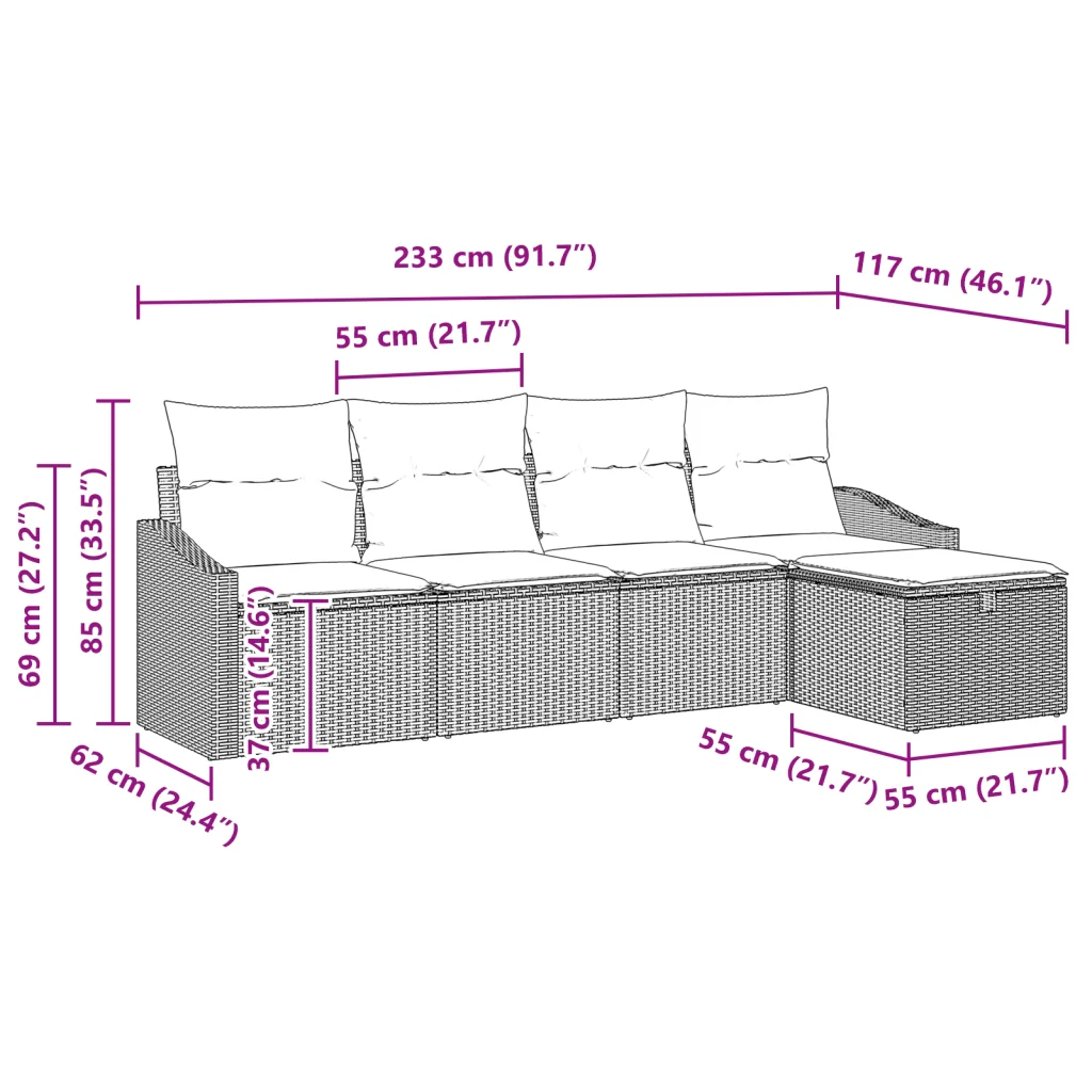 Set di divani da giardino 5 pezzi con cuscini Nero Polyrattan - Image 9