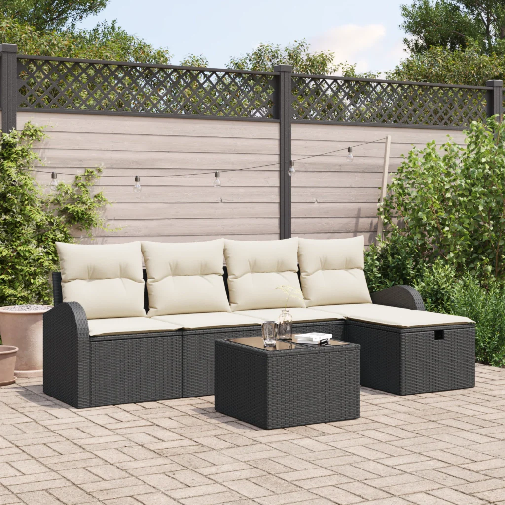 Set di divani da giardino 6 pezzi con cuscini neri in polirattan
