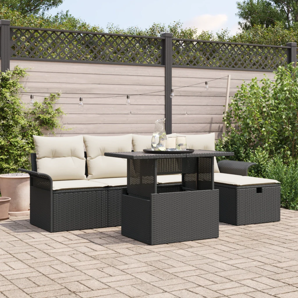 Set di Divani da Giardino 6 Pezzi con Cuscini Nero Polyrattan