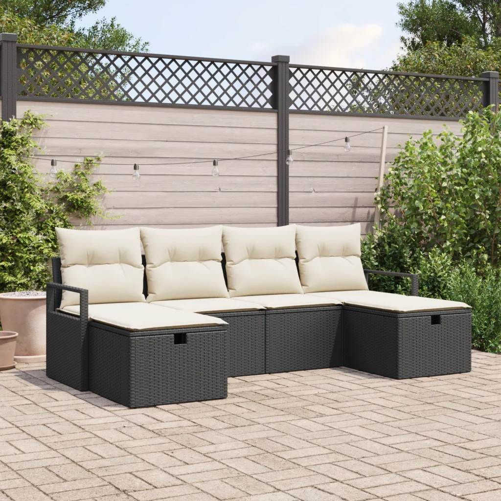 Set di Divani da Giardino 6 Pezzi con Cuscini Nero Polyrattan