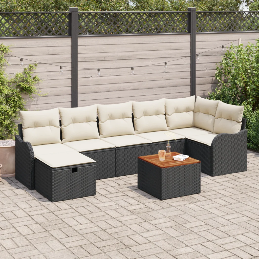 Set di Divani da Giardino 8 Pezzi con Cuscini Rattan Poliestere Nero