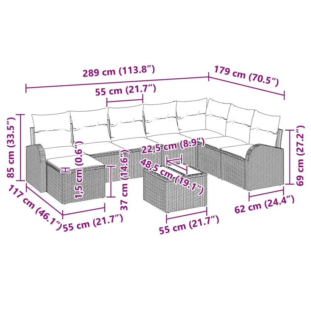Set Divano da Giardino con cuscino 9 pcs Grigio Poly Rattan 3346169 - Image 10