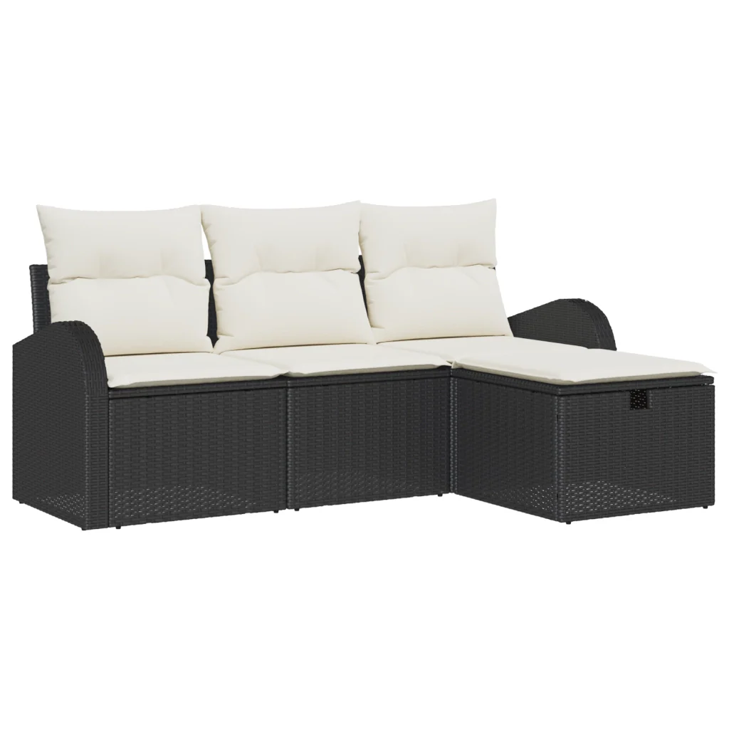 Set di divani da giardino a 4 pezzi con cuscini neri in polyrattan - Image 2