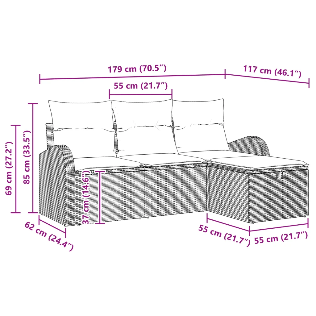 Set di divani da giardino a 4 pezzi con cuscini neri in polyrattan - Image 9