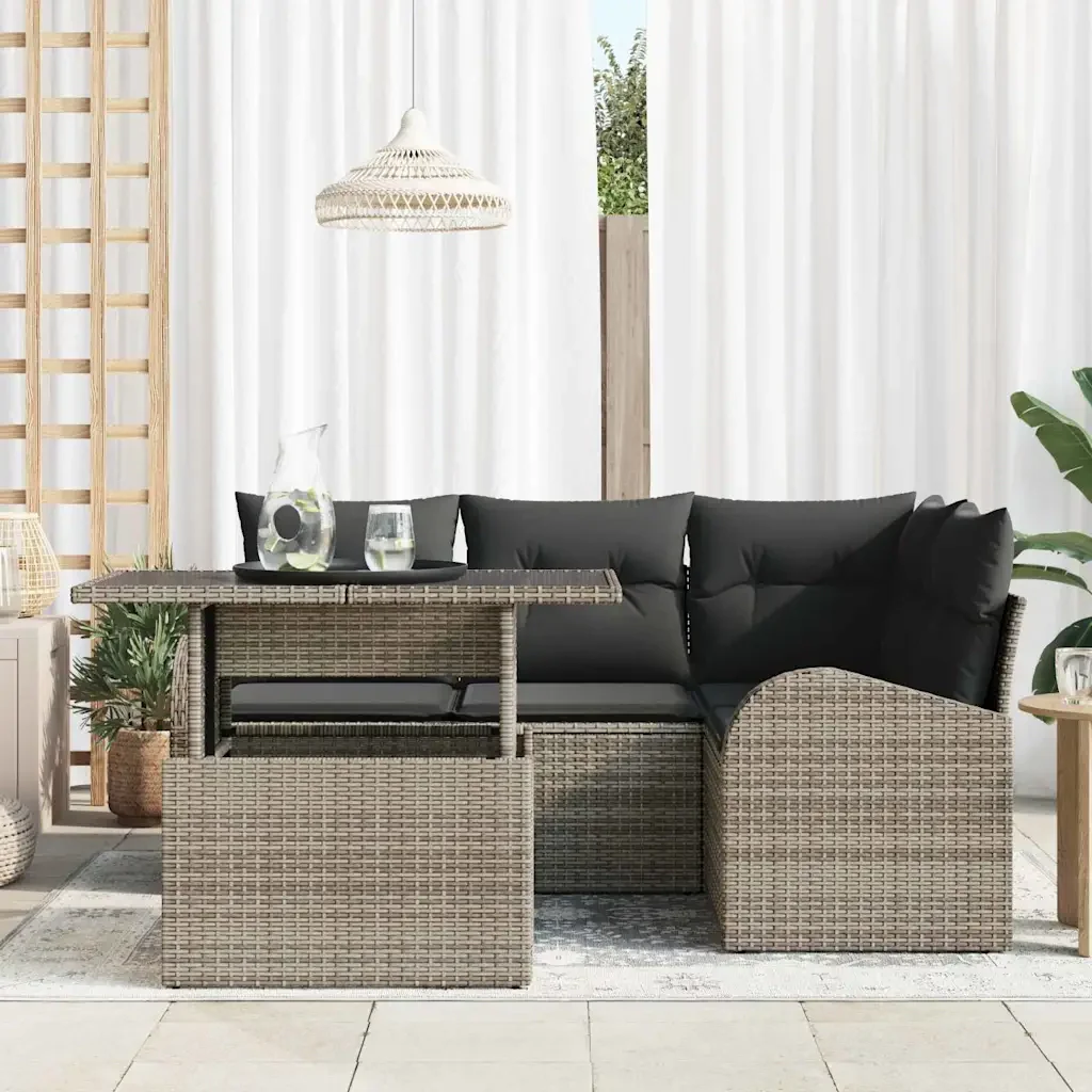 Set Divano da Giardino con cuscino 5 pcs Grigio Poly Rattan 3348635 - Image 3