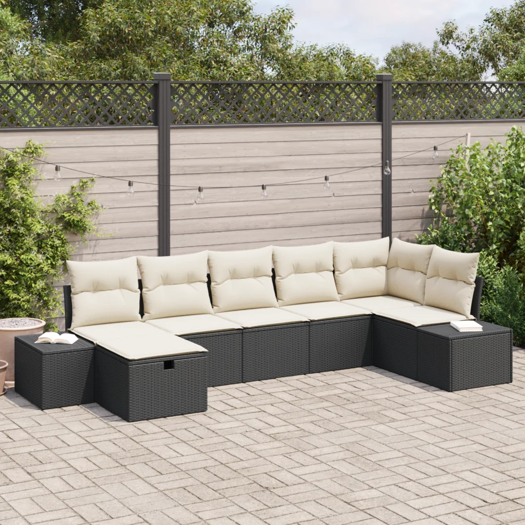Set di divani da giardino a 7 pezzi con cuscini neri in polyrattan
