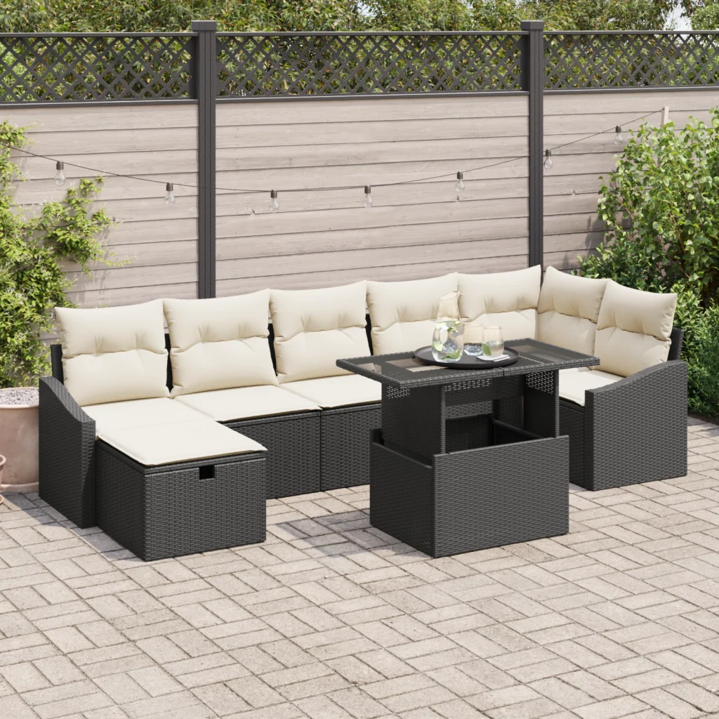 Set di Divani da Giardino a 8 Pezzi con Cuscini Black Poly Rattan