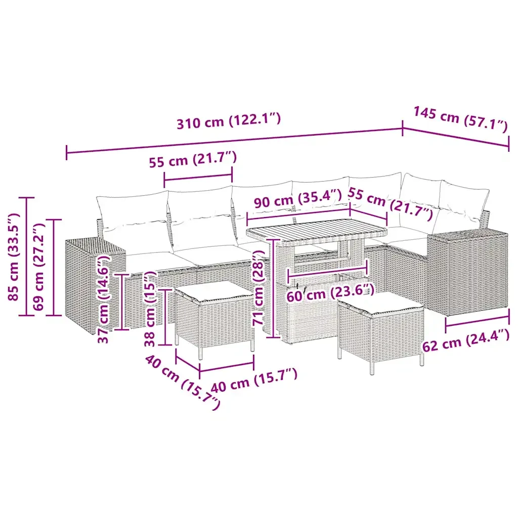 Set Divano da Giardino con cuscino 9 pcs Grigio polyrattan 3362028 - Image 8