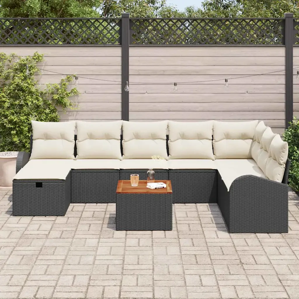 Set Divano da Giardino con cuscino 9 pcs Nero Poly Rattan - Image 2