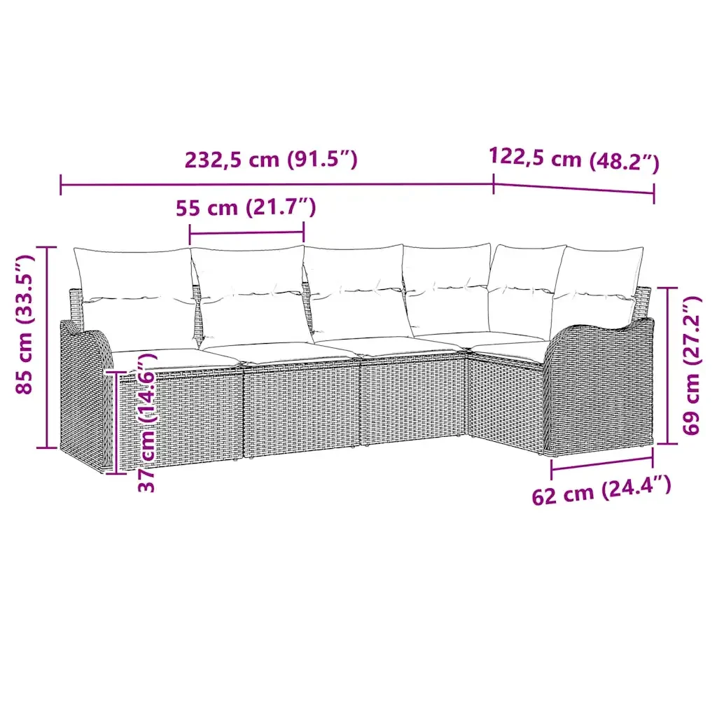Set Divano da Giardino con cuscino 5 pcs Grigio Poly Rattan 3345699 - Image 8
